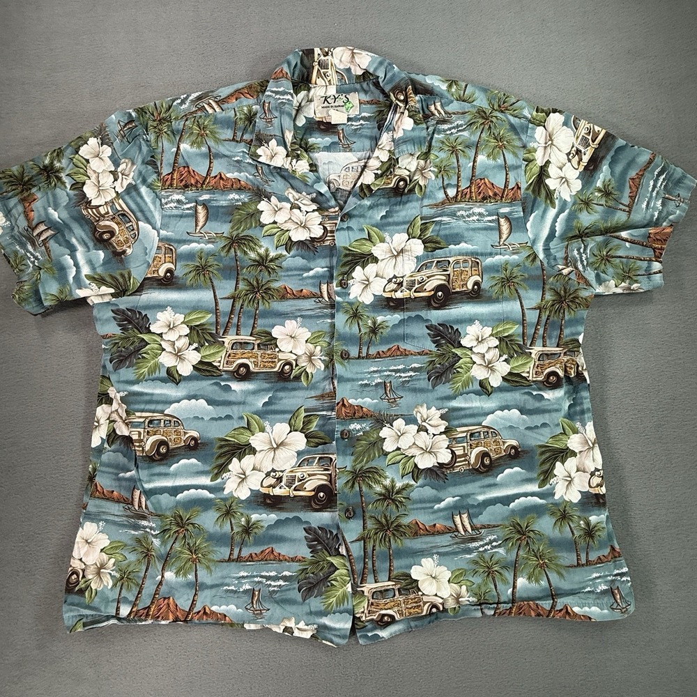 Vintage Hawaiian Shirt 2XL KY's Made in Hawaii Blue Floral Cars